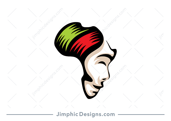 Modern and creative face design with an traditional African style head band shaped inside the Africa continent. 