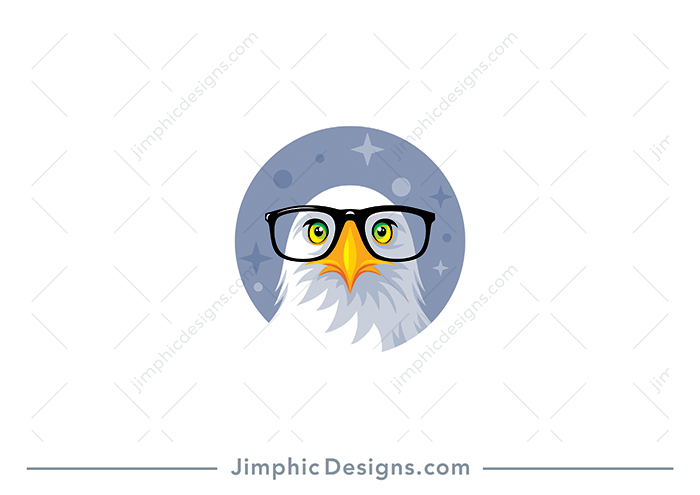 Modern eagle head design looking straight with big oversized reading glasses on his face. 