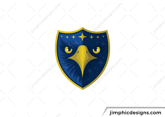 Eagle face inside a shield design with stars.