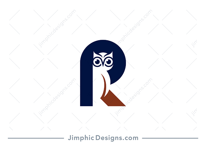 Charming little owl design shaped in white with the uppercase letter R surrounding.