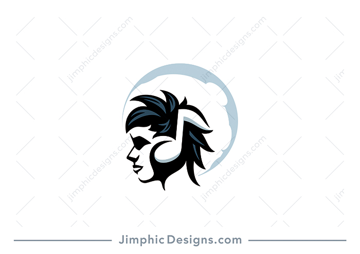 Smooth person head design with messy hair is shaped with a music note on top of his ear.