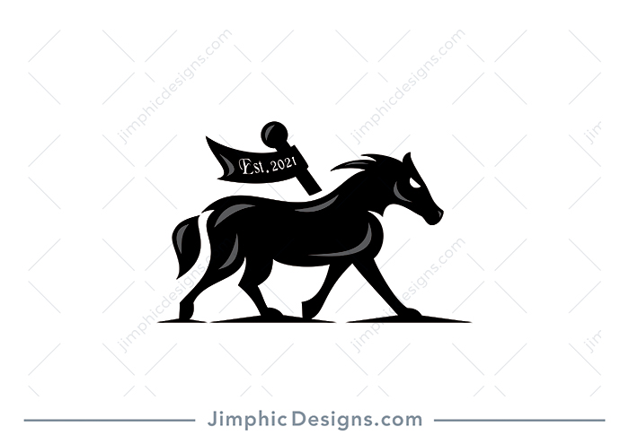 Modern and strong horse with a flagpole and flag in line with his front leg.