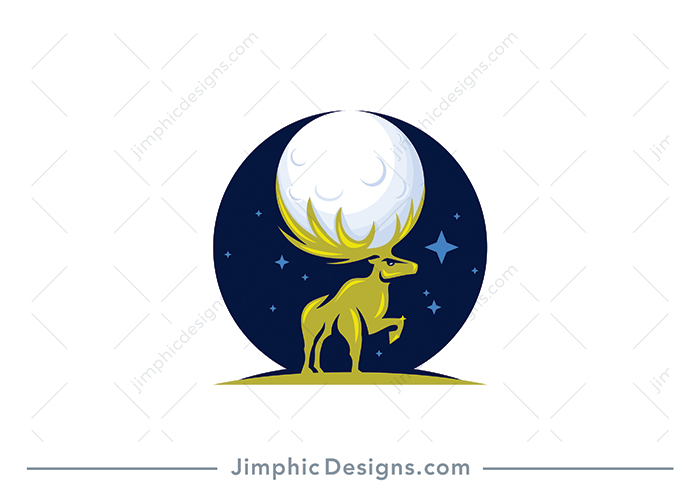 Smooth big golden deer standing proudly with his one leg in the air and his horns forming perfectly around the full moon. 