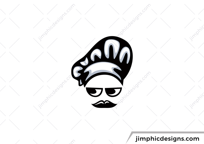 Simplistic design featuring an iconic chef hat and mustache and the chef wearing sunglasses.  