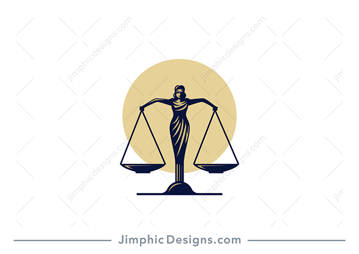 Modern lady justice standing on a roman pillar and holding the oversized scales of justice in her hands. 