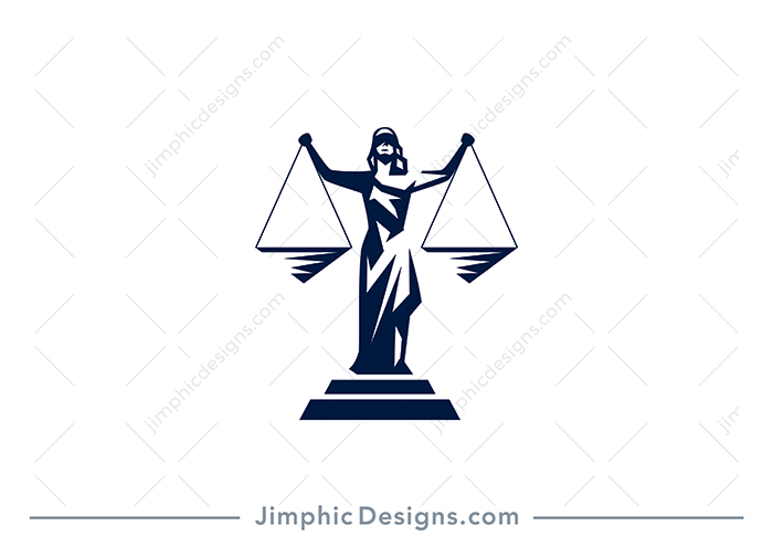 Big strong lady justice standing tall with her iconic dress and holding up the scales of justice on each side. 