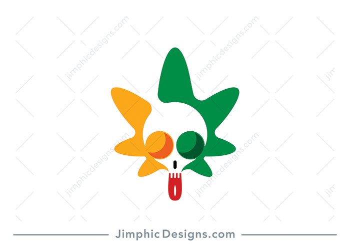 Modern and simplistic cannabis leaf shaped around a skull head sticking out his tongue, in the three Rastafarian colors.