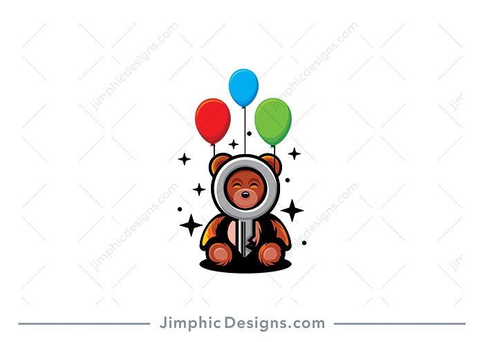 Cute little bear with a smile on his face sitting with a big key in his lap and balloons holding it up.