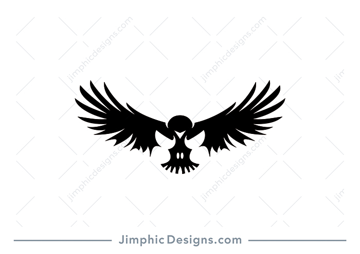 Modern raven bird with his wings open and head down shaping a skull inside.