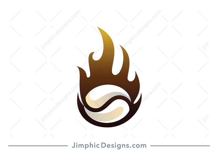 Smooth and iconic coffee bean in white negative space inside a burning flame.