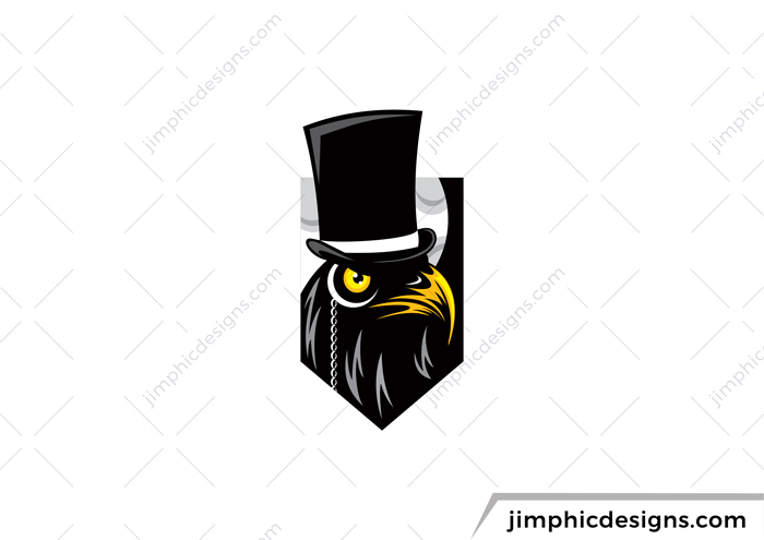 Eagle with top hat and moon in the background inside a crest.