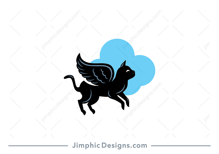 Modern and cute cat animal with angel like wings flying in the air with clouds in the background.