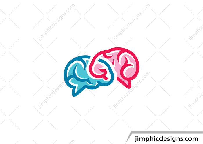 Two big brains interlocking each other, in the same shape as the iconic talk bubble.