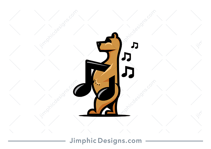 Charming and happy bear walking with a big music note under his arm.