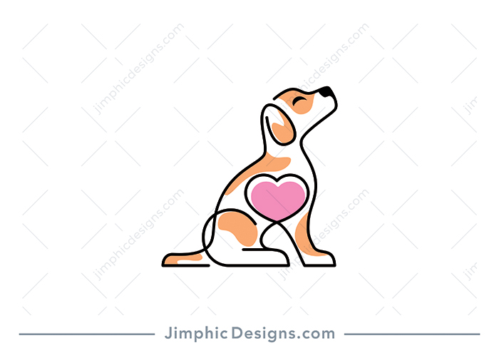 Elegant dog in a sitting position is shaped with line graphics that ends with a big heart in the center of the dog.