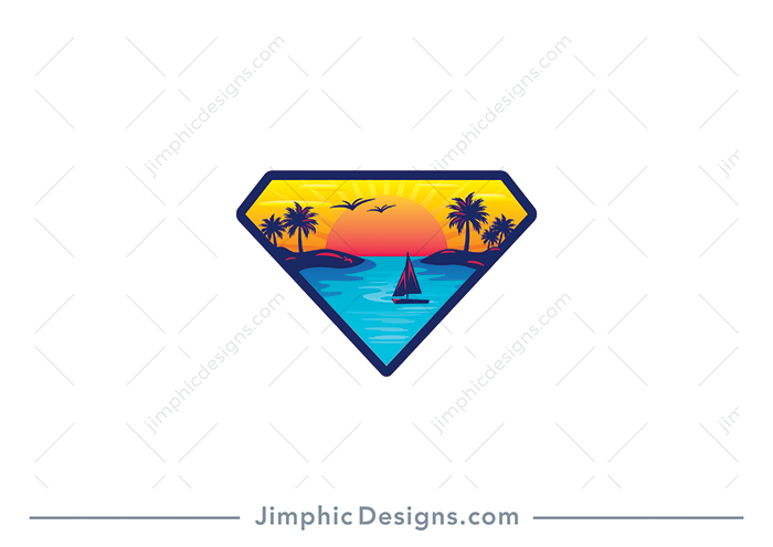 Iconic bold diamond shape features a lovely scenery with palm trees on islands and a big sun rising above the ocean with a sailboat sailing peacefully. 