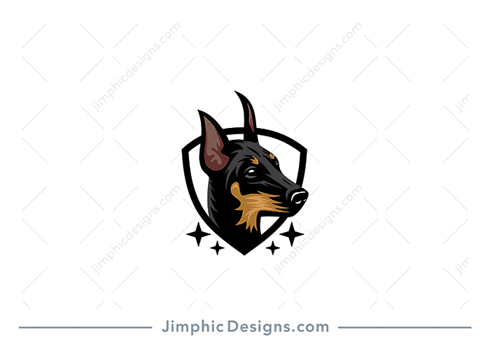 Modern doberman dog design inside a security crest shape featuring stars. 