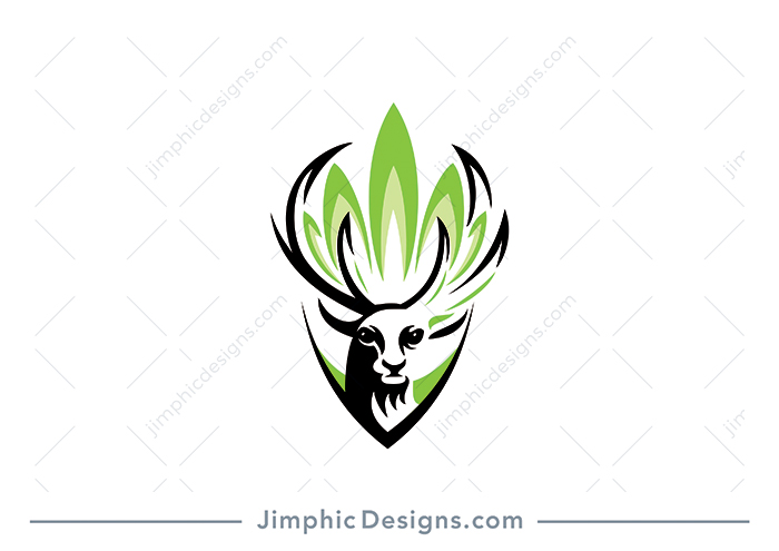 Modern deer design with big horns are shaped around an iconic green marijuana leaf. 