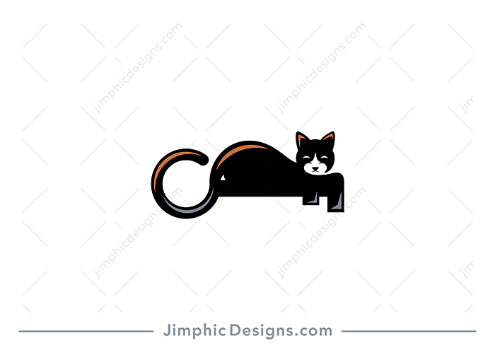 Simplistic cat laying on a key shaping the end with his tail.