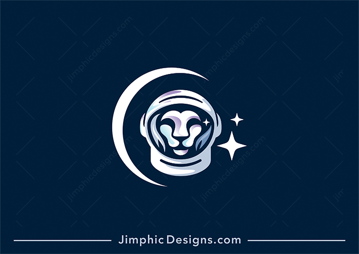 Modern and simplistic lion head design inside an astronaut helmet in space. 