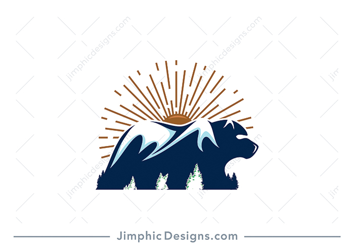 Modern bear walking with mountains shaped on his back and trees shaped at the bottom.