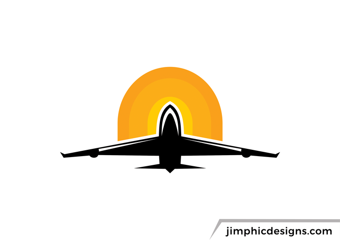 Airplane flying upwards with the sun behind it, shaping the letter A