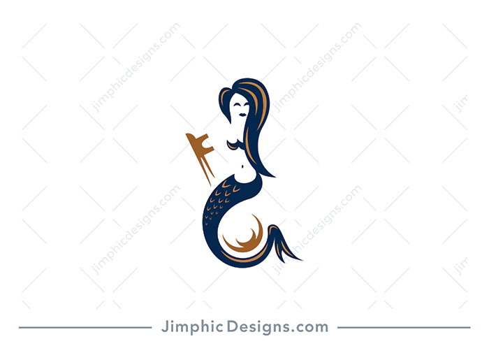 Simplistic mermaid with a smile on her face shaping a key.