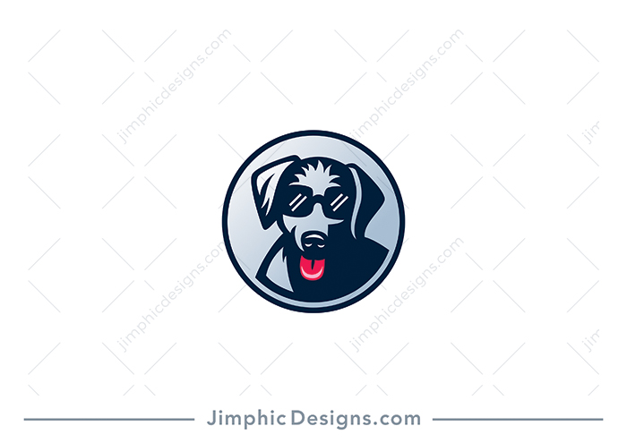 Modern and simplistic dog design wearing sunglasses inside a circle shape sticking out his tongue. 