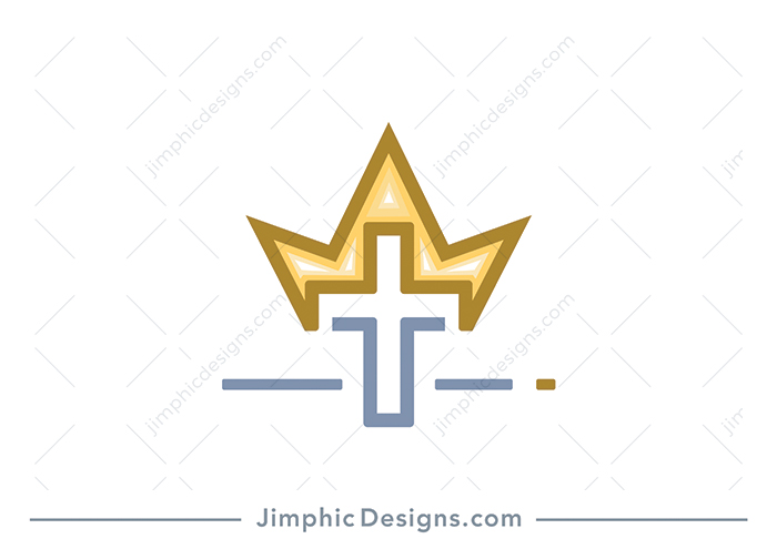 Modern Christian cross is shaped with simplistic and thick lines featuring a big crown on top of the cross. 