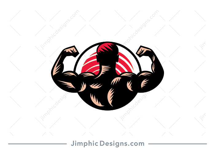 Sleek strong person bulking his muscles inside a circle with a sushi in the background.