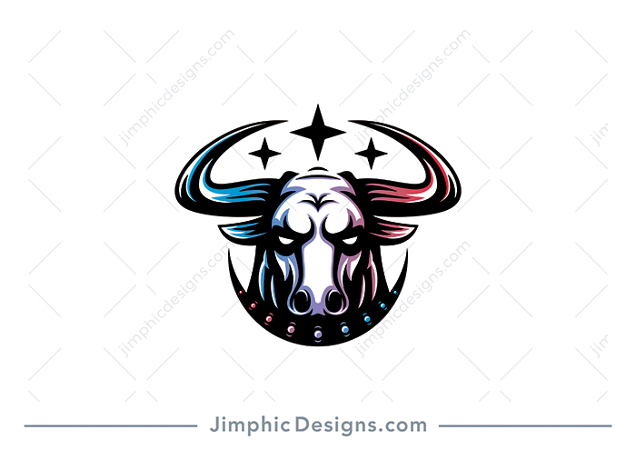 Modern and sleek bull head looking straight with big horns and stars featuring on top.