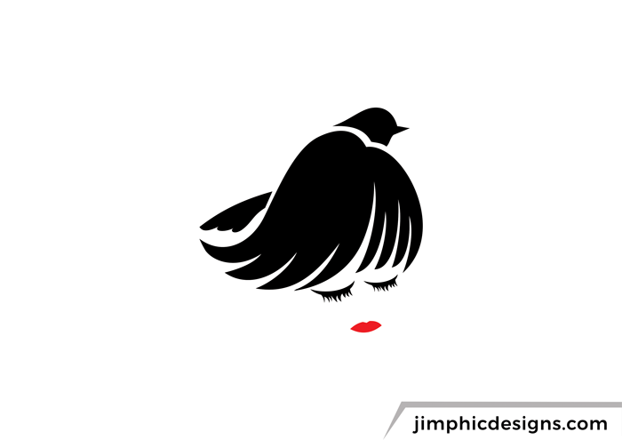 Black bird flaps his wings and creates the shape of a lady's hair.