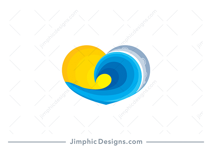 Iconic heart shape featuring a big wave with the sun and the moon on the opposite side.