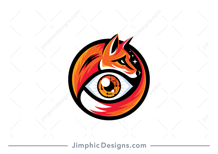 Modern fox head and tail design inside a circle with a big eye in the center with circuit graphics in the inner eye.