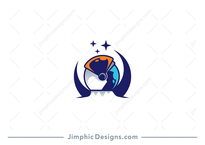 Simplistic astronaut helmet and top part of suite with the crescent moon and in the background. 