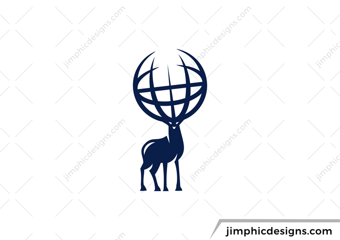 Simplistic deer standing with his head tilted slightly and his horns in the shape of a globe.