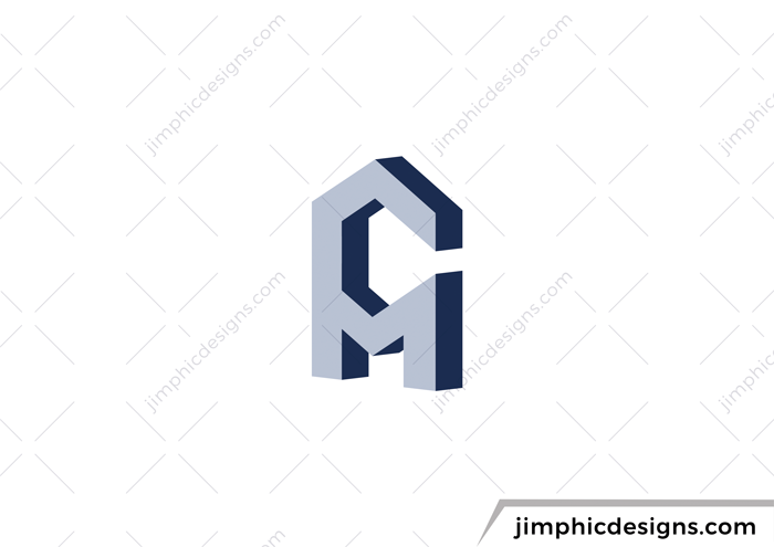 The letter C merged on top op the letter M in block style. 