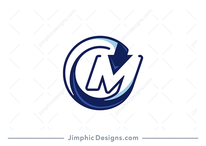 Modern uppercase letter M design is shaped with an arrow circling around the letter.