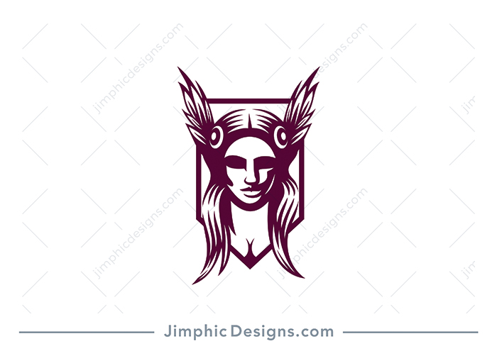 Modern Norse mythology valkyrie figure is shaped inside a iconic crest shape.