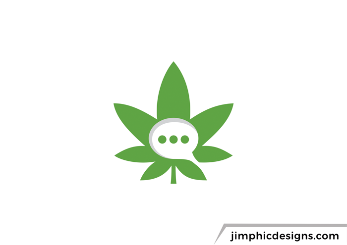 Cannabis plant design with a chat bubble inside.