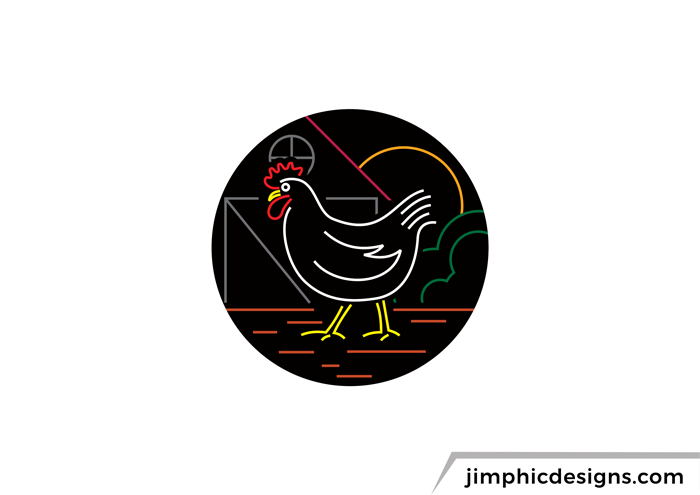 Line design featuring a chicken with the farm in the background.