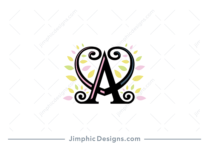 Smooth uppercase sans serif letter A design featuring a big swirly heart and colorful leaves.