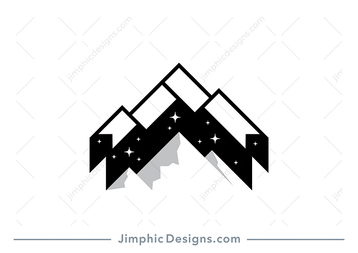 Two simplistic flags in 3D, shapes mountains below them with a starry sky inside.