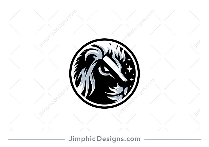 Modern and fierce looking lion head is shaped into a circle with some stars featured in the background.