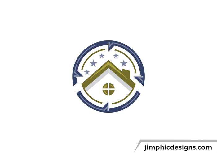 Simple, yet bold house graphic inside a compass shape design.