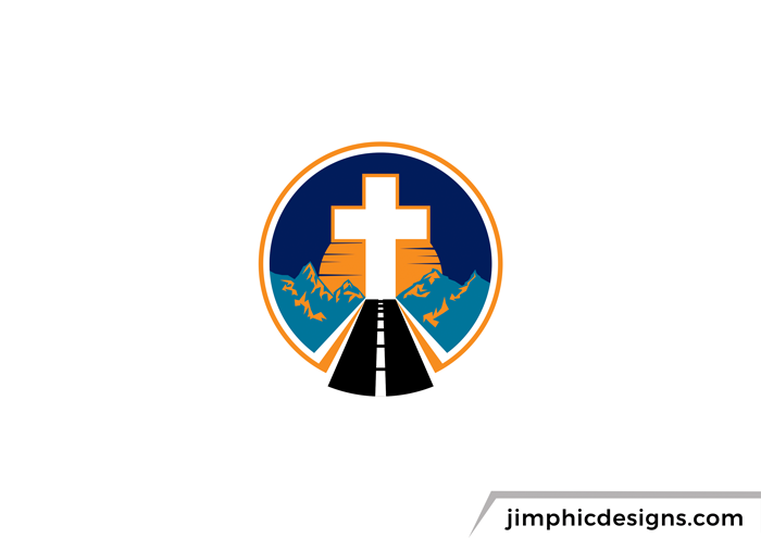 Religion logo, with a round design. Featuring a road leading up to a cross with mountains in the background.