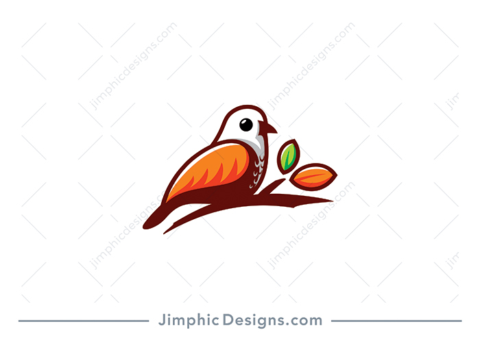 Modern bird graphic sitting on a branch with two leaves attached. 