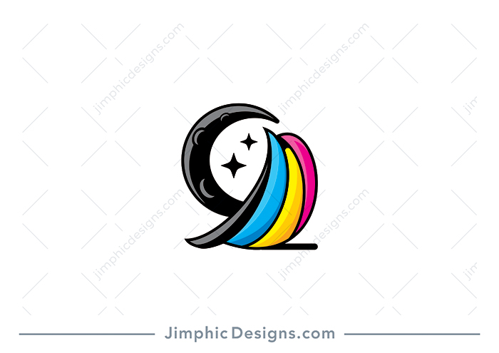 Sleek bird design sitting in front of the moon and stars, is shaped with the four printing colors.