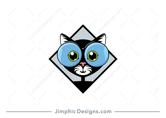 Charming cat with a smile inside a diamond shape with big reading glasses on his face.