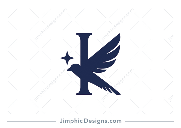 Simplistic flying bird silhouette shaping the straight lines in the uppercase letter K.